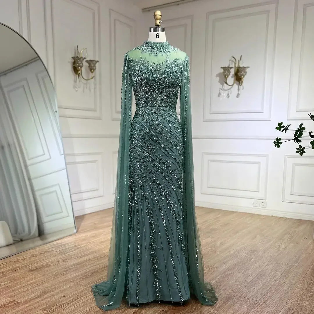 Caramel Cape Sleeves Mermaid Beaded Luxury Dubai Long Evening Dress