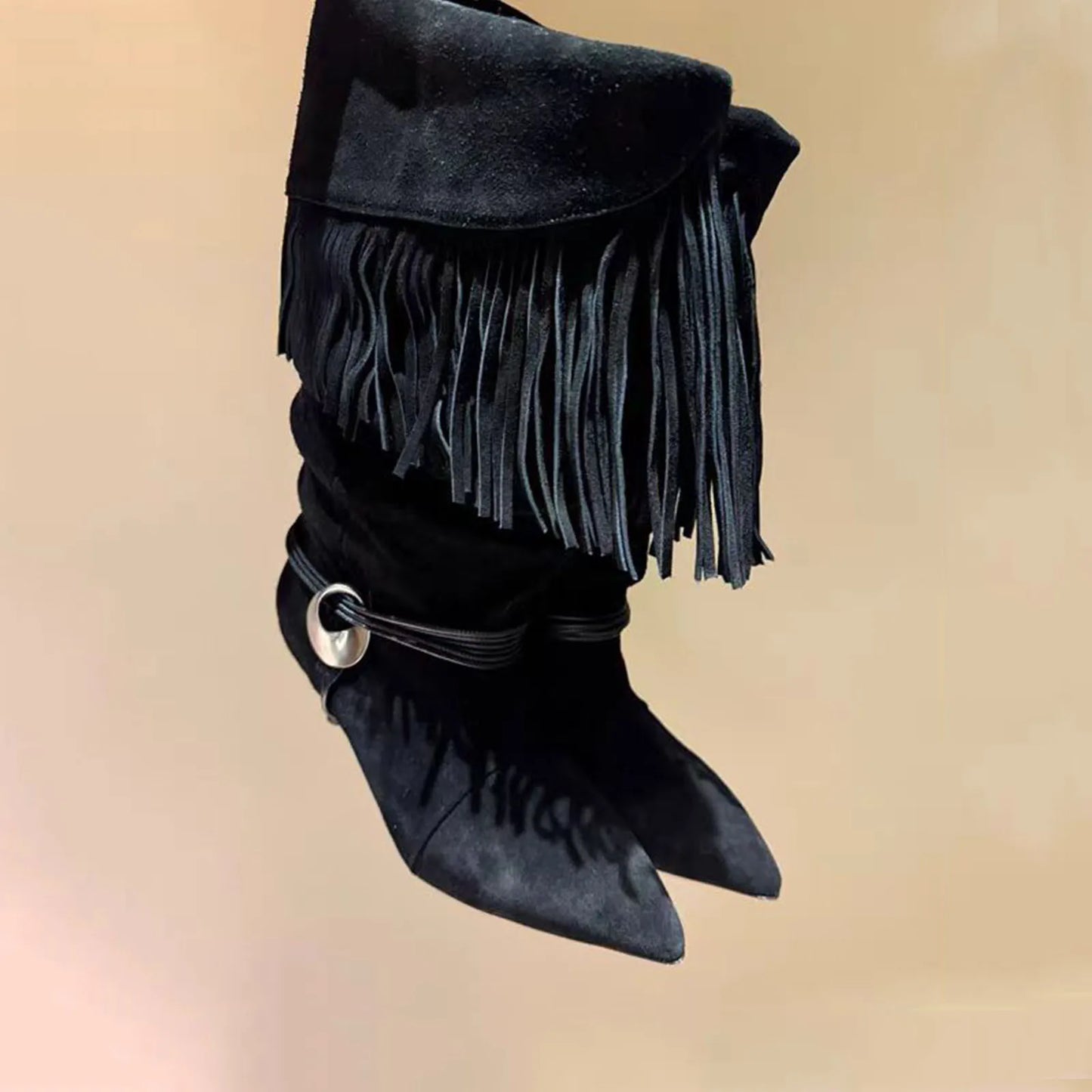 Arden Furtado 2025 Spring suede tassels Mid-Calf boots Pointed toe Turned-over Edge Middle heel Large tubular boots cowboy boots