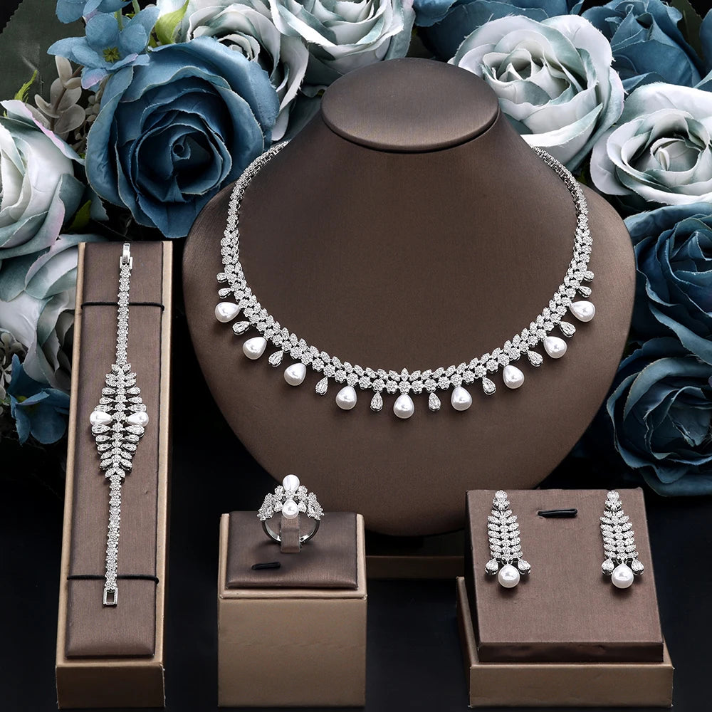 Cubic zirconia Pearl Necklace Earrings Set of 4 Women's Wedding Party All Zircon Dubai Bridal Jewelry Set Gift