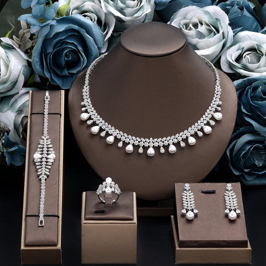 Cubic zirconia Pearl Necklace Earrings Set of 4 Women's Wedding Party All Zircon Dubai Bridal Jewelry Set Gift