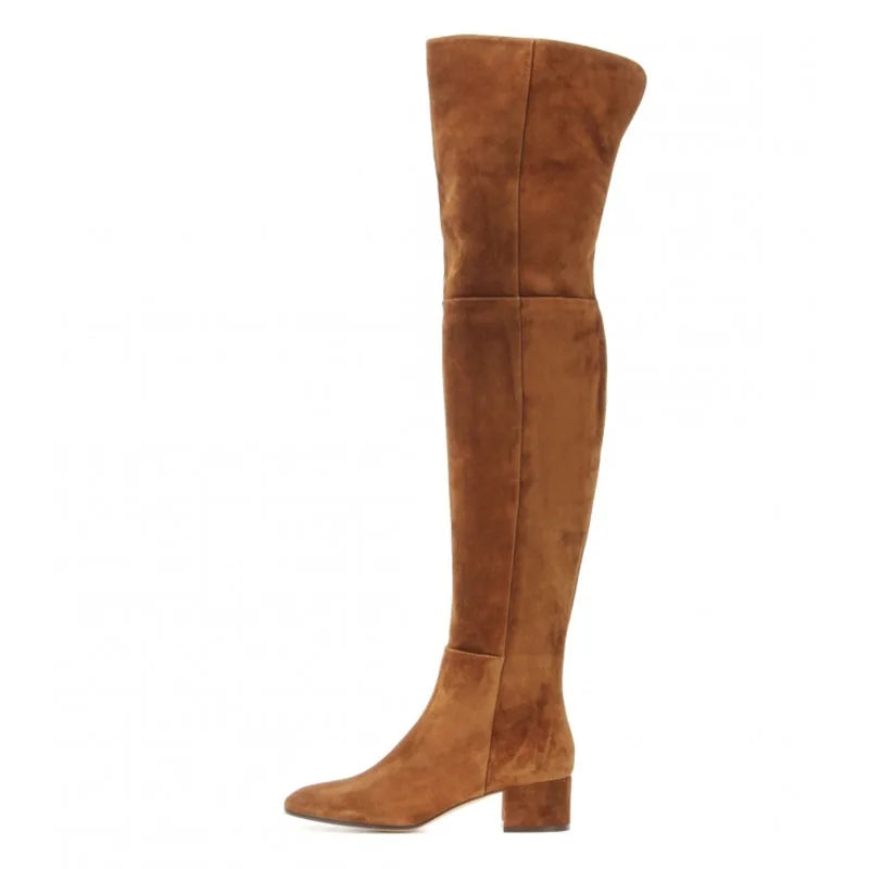 Over the knee suede boots for women Round toe Low heel Side zipper brown long boots chunky heels