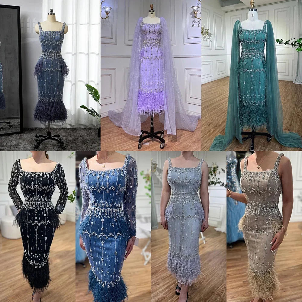 Beaded Feather Mermaid Evening Dress – Ankle-Length Sleeveless Tulle Gown