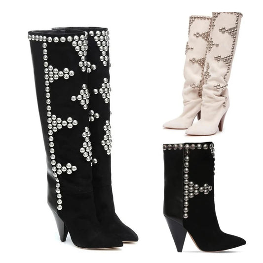 Rivet Inlaid Women's Knee High Boots Cowhide Suede Stage Show Ankle Boots Fashionable Sexy Autumn  Winter Womans Shoes