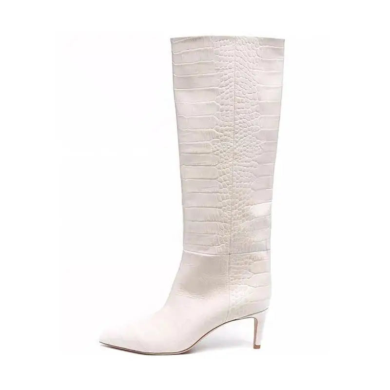White crocodile grain Knee high boots Pointed toe Slip-on Stilettos heels Simple styl boots