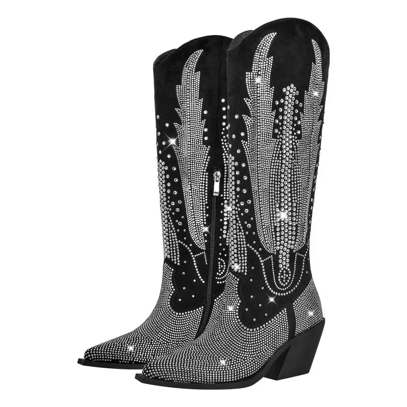 Handmade Hot Rhinestone Retro Western Cowboy Boots Women Performance Runway Fashion Thick Heel Knee High Boots