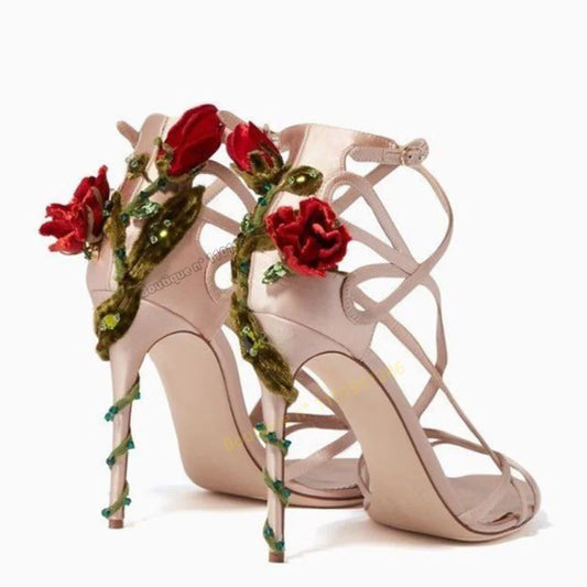 Back Rose Decor Hollow Sandals Wedding Shoes for Women Band Decor Fashion Twine Heel High Heels Shoes 2023 Zapatillas Mujer