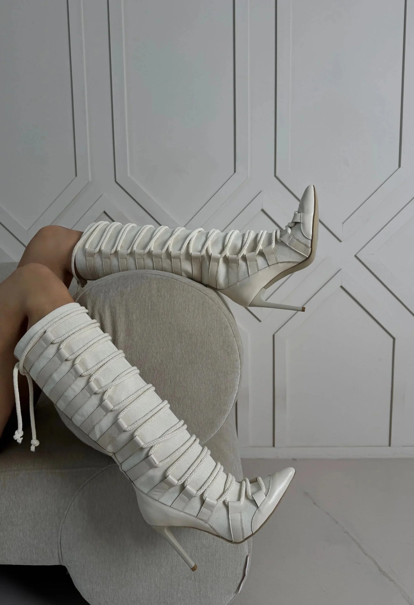 2025 Women Pointed Toe Lace Up Thin High Heel Sexy Stiletto Zip White Heel Knee High Boots