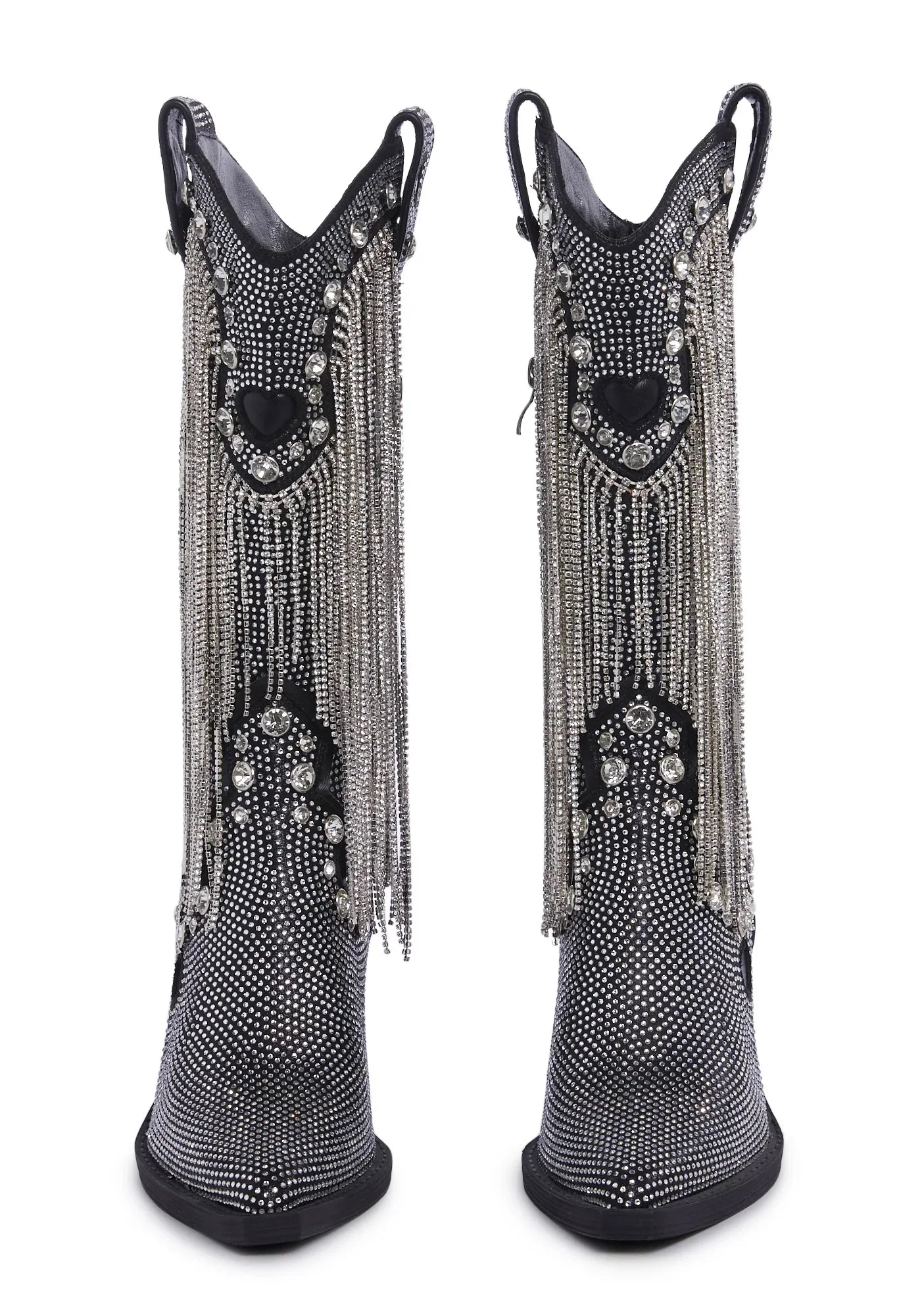 Rhinestone Fringe Detailing Knee-high Boots Jewel Studs Pointed Toe Side Zipper Block High Heels Women Boot