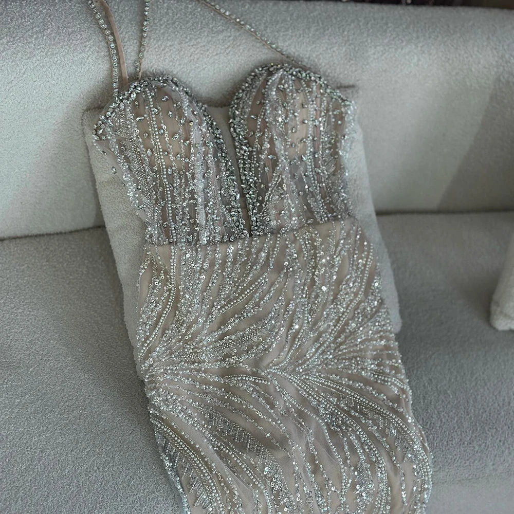 Customized Nude Beaded One-Shoulder Evening Dresses With Crystal Embellishments For Formal Occasion