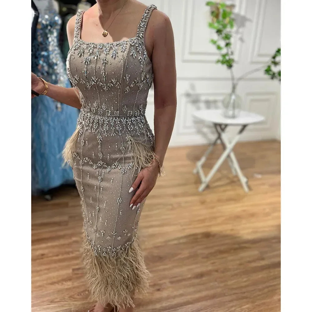Beaded Feather Mermaid Evening Dress – Ankle-Length Sleeveless Tulle Gown