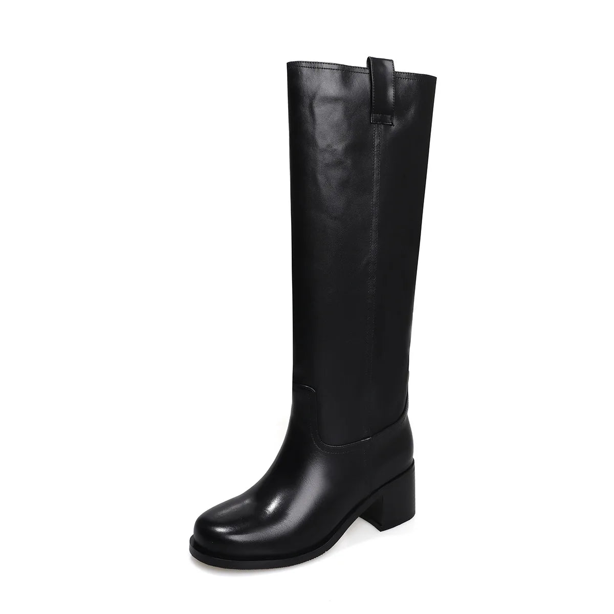 Autumn Cowhide Knee high boots Round toe Pull-on Chunky heels Riding boots British style Large size boots