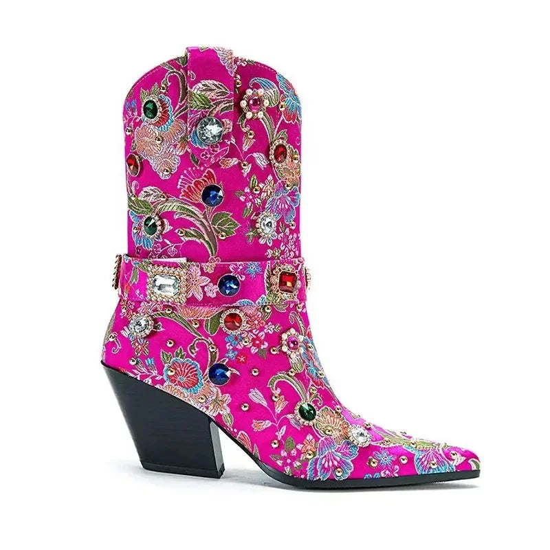 Embroidery Rhinestone Rivet Short Boots Pointed Slope Heel Chelsea Women's Boots