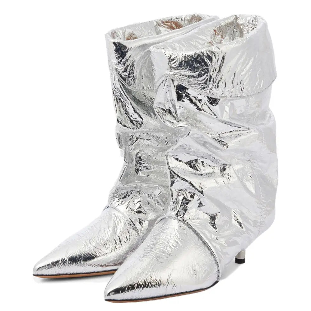 Leopard print Large tubular boots Pointed toe Slip-on Pleated Middle heel Modern boots Short boots