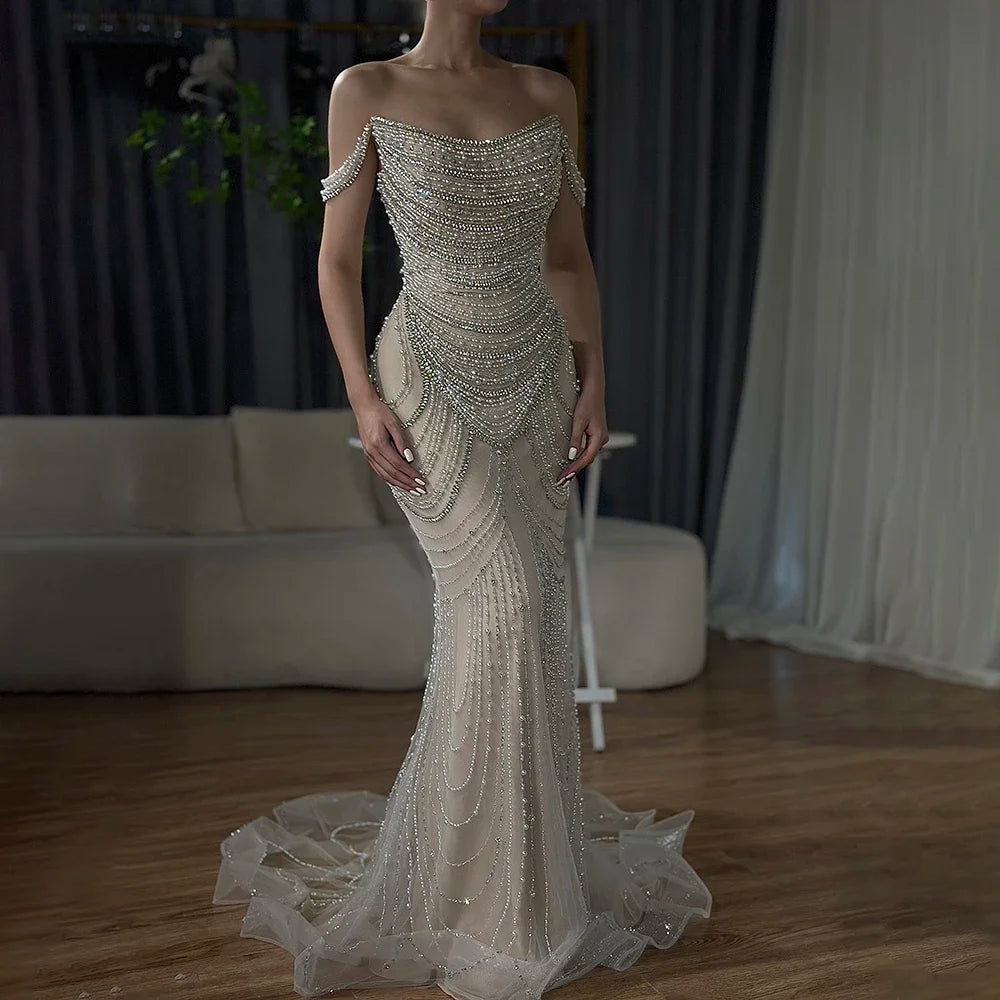 Elegant Strapless Beaded Mermaid Evening Dress – Floor-Length Tulle Gown