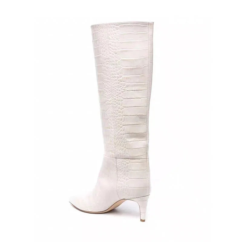 White crocodile grain Knee high boots Pointed toe Slip-on Stilettos heels Simple styl boots