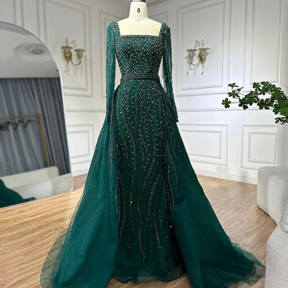 Square Neck Beaded Mermaid Evening Dress with Sleeves – Floor-Length Gown