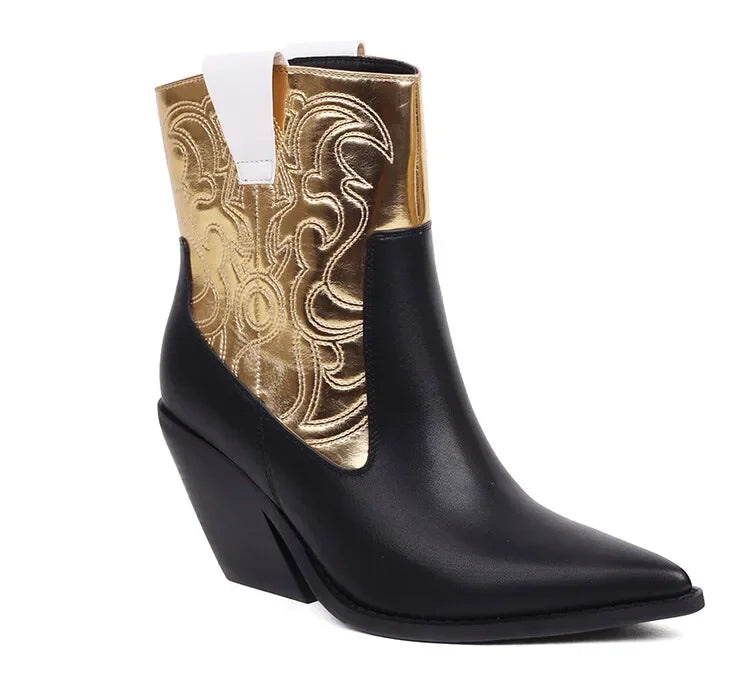 Rhinestone/Rivet Color Blocking Autumn Winter Thick Heel Black Chelsea Women Boots