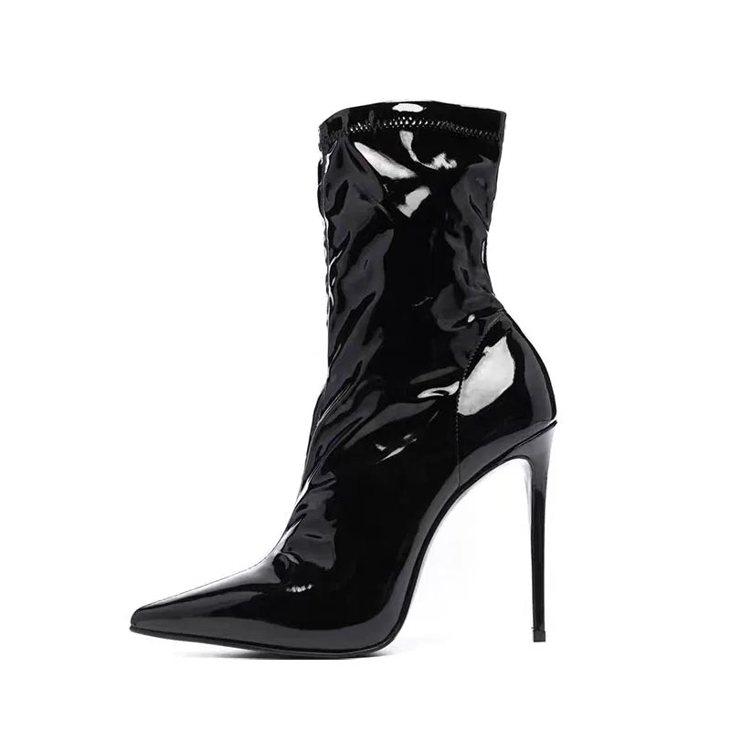 Pointed toe Short boots Patchwork Slip-on Super high heel Modern boots Extra large size