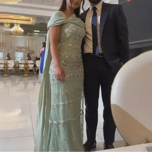 Saudi Arabic Sage Green Mermaid Beaded  Evening Dress with Long Cape  for Formal Occasion