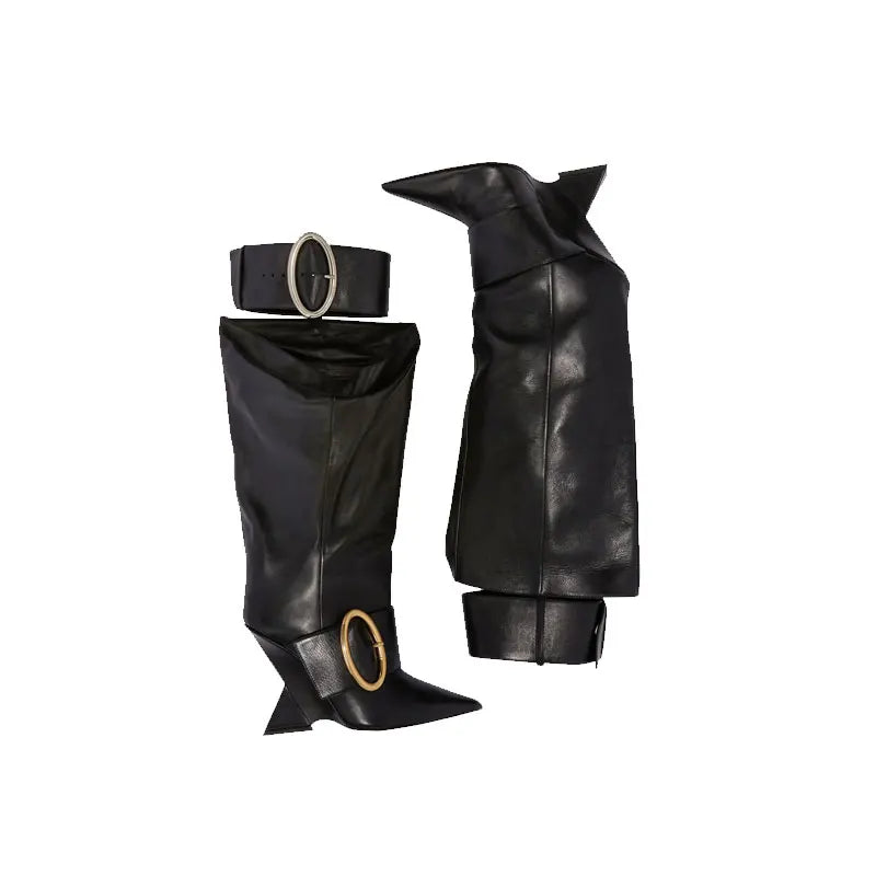 Women's Belt Buckle Knee Length Boots Fashion Pointed Heel Large Thigh High Boots