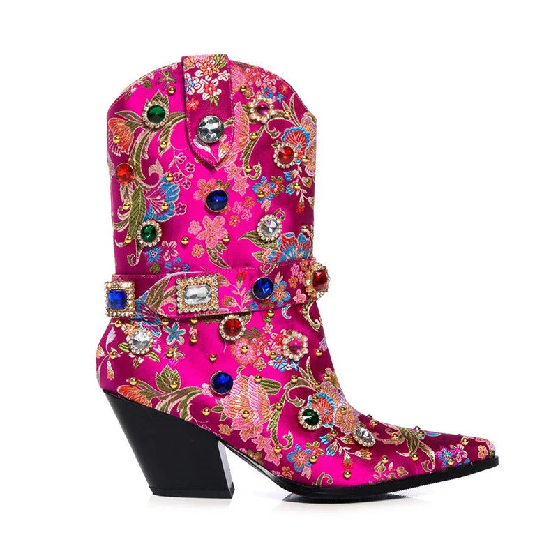 Embroidery Rhinestone Rivet Short Boots Pointed Slope Heel Chelsea Women's Boots