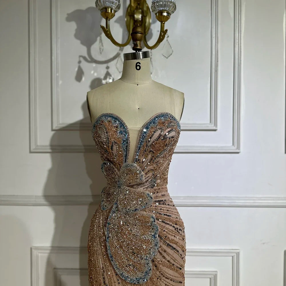 Elegant Strapless Empire Waist Beaded Floor-Length Tulle Sleeveless Evening Dress