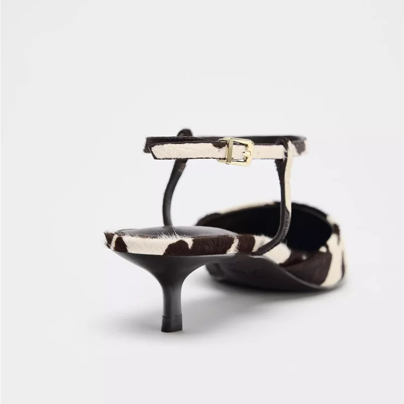 Women Sandals Genuine Leather Summer Women Mid heels Horse Leather Leopard Print Women Sandals Large Size Pointed Toe