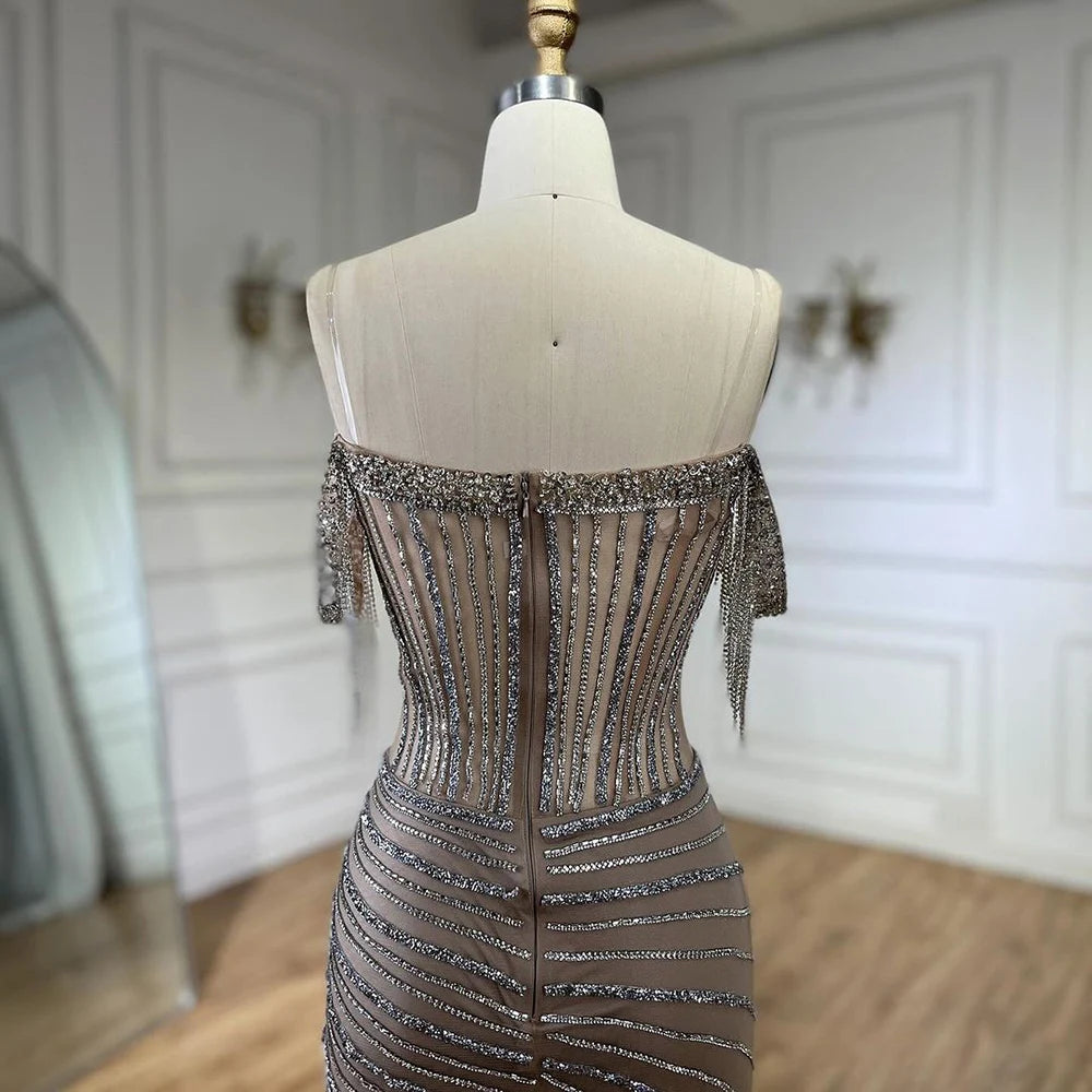 Sleeveless Mermaid Evening Dress with Tassels and Beading – Boat Neck Formal Gown