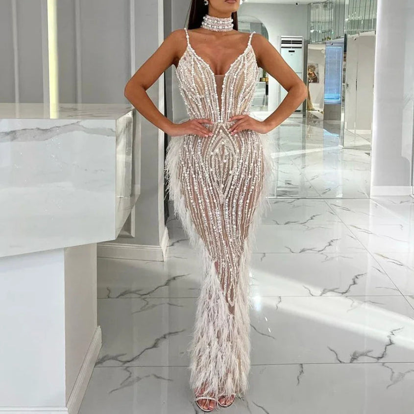 V-Neck Mermaid Evening Gown with Feathers and Beading – Sleeveless Floor-Length Tulle Dress