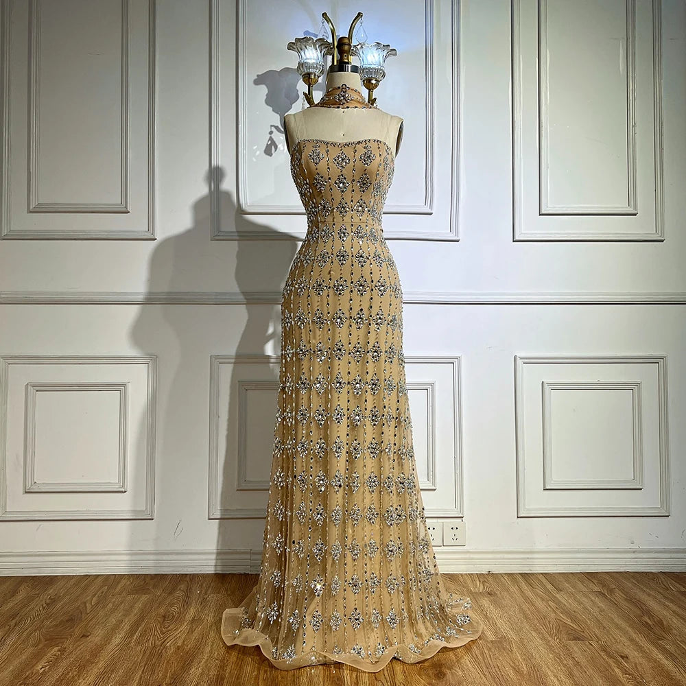 Strapless Mermaid Evening Dress with Beading – Floor-Length Tulle Gown with Court Train