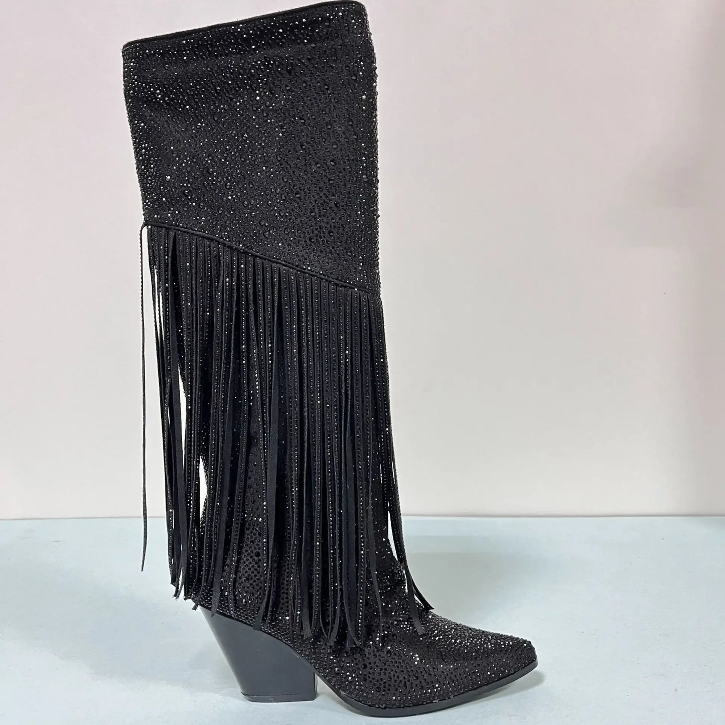 Orange Rhinestone Tassel Block-Heel Knee Boots Side-Zip Pointed-Toe Wedge Boots for Women