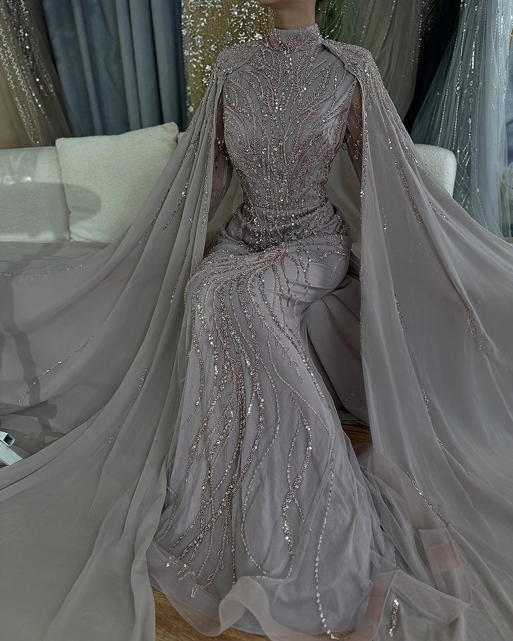 Candy Color Beaded Mermaid Evening Dress with Cap Sleeves and Court Train – Floor-Length Tulle Gown