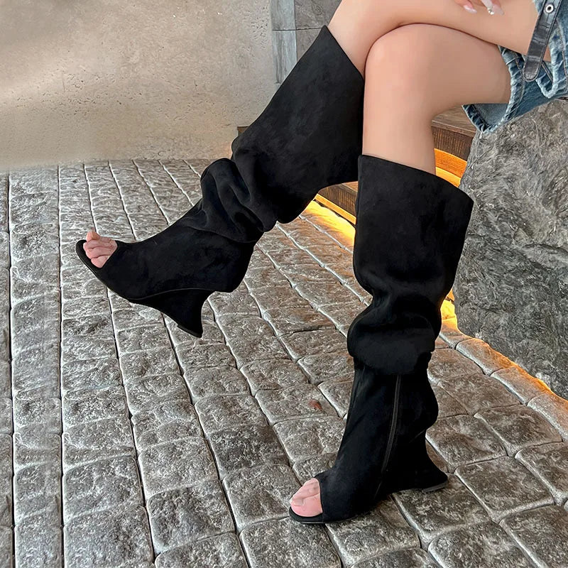 Over the knee boots Peep toe Pleated Pull-on High-heeled Cool boots Large tubular boots