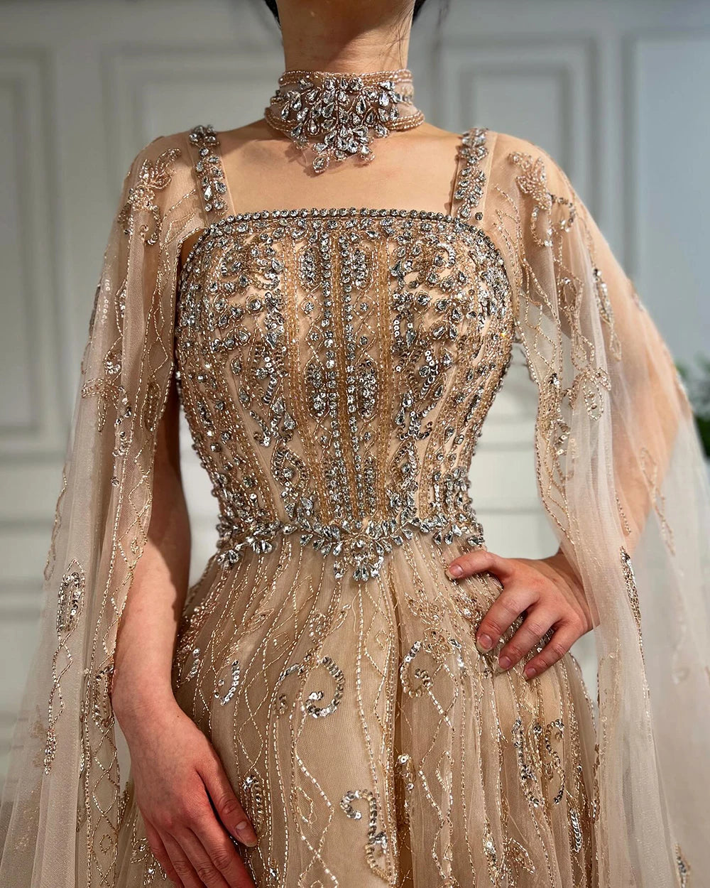 A-Line Evening Dress with Beading, Crystals & Tassels – Cap Sleeve Square Neck Gown with Court Train