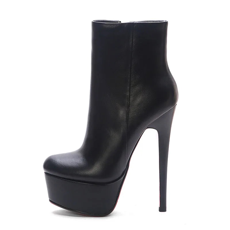 Woman's Cowhide Short boots Round toe Waterproof platform Commuter Super high heel Side zipper Modern boots