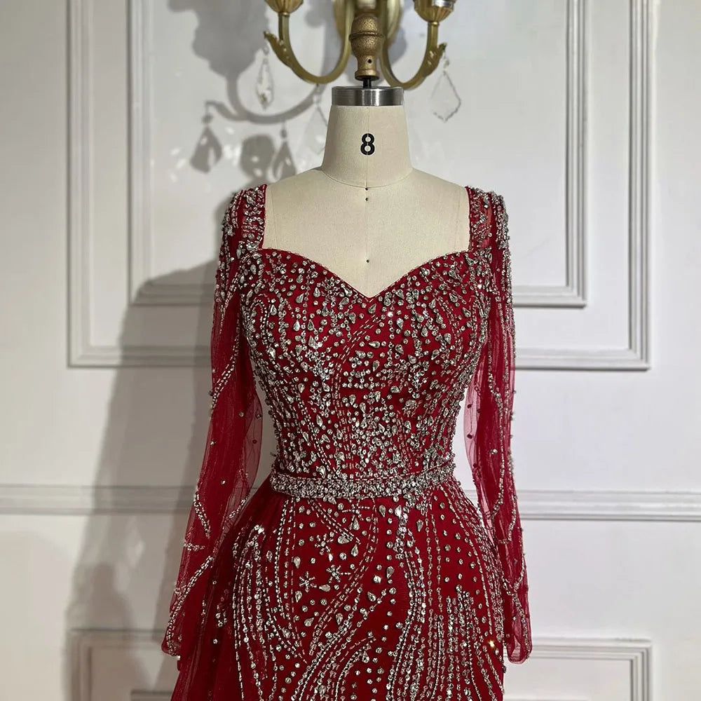 Elegant Beaded Mermaid Evening Dress with Court Train and Square Neckline in Floor-Length Tulle