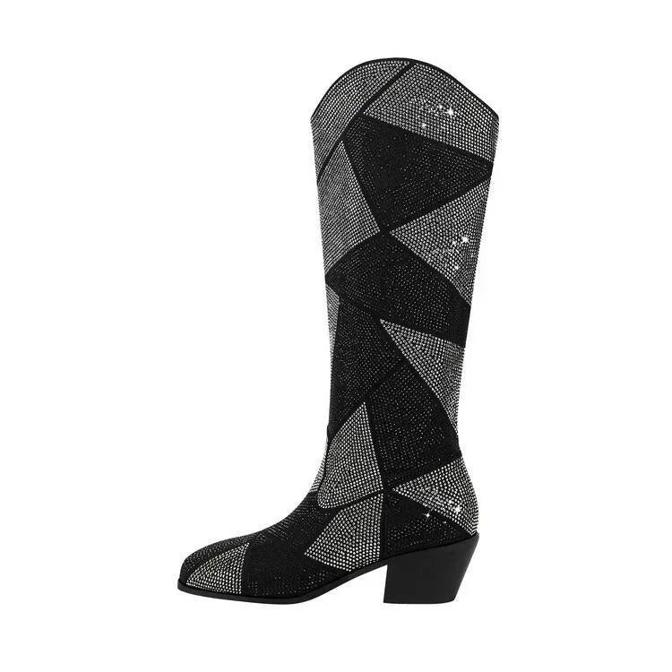 Handmade Hot Rhinestone Retro Western Cowboy Boots Women Performance Runway Fashion Thick Heel Knee High Boots
