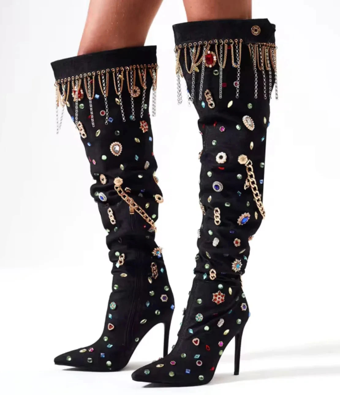 Women Shining Rhinestones Chains Over Knee Boots Pointed Toe Black Suede Side Crystals Tassels Stiletto Heel Long Boots