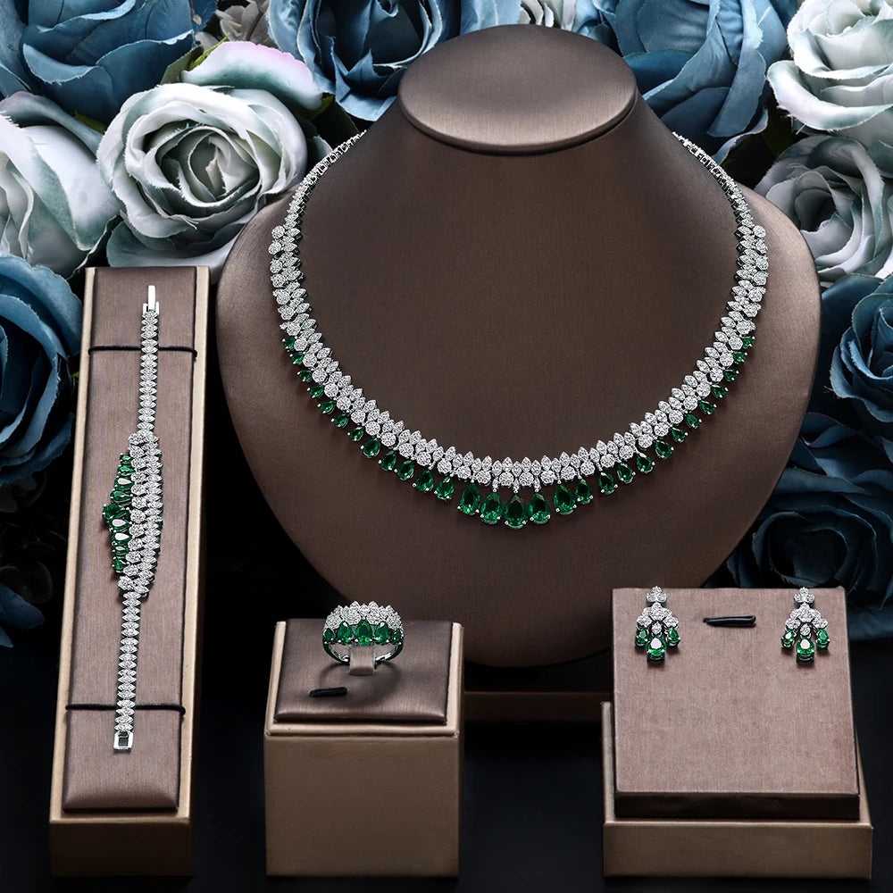 White Cubic Zirconia Bridal Jewelry Set Brides Accessories Tassel Water Drop Necklace Earring 4pcs Set for Wedding Party