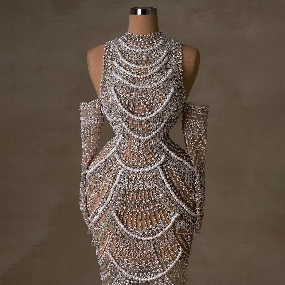 Elegant High Neck Mermaid Evening Dress with Pearls and Beading – Full Sleeve Floor-Length Gown