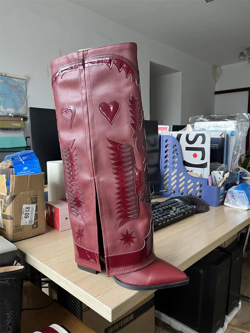 Genuine Leather Embroidered Wedge Heels Women Knee High Boots New Black Red Winter Skirt Boots Sexy High Heels Shoes Size 34-43