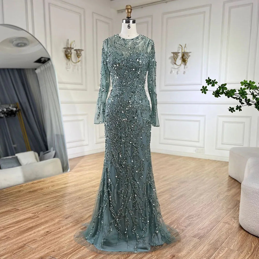 Elegant Beaded Mermaid Evening Gown with Sleeves – O-Neck Floor-Length Dress