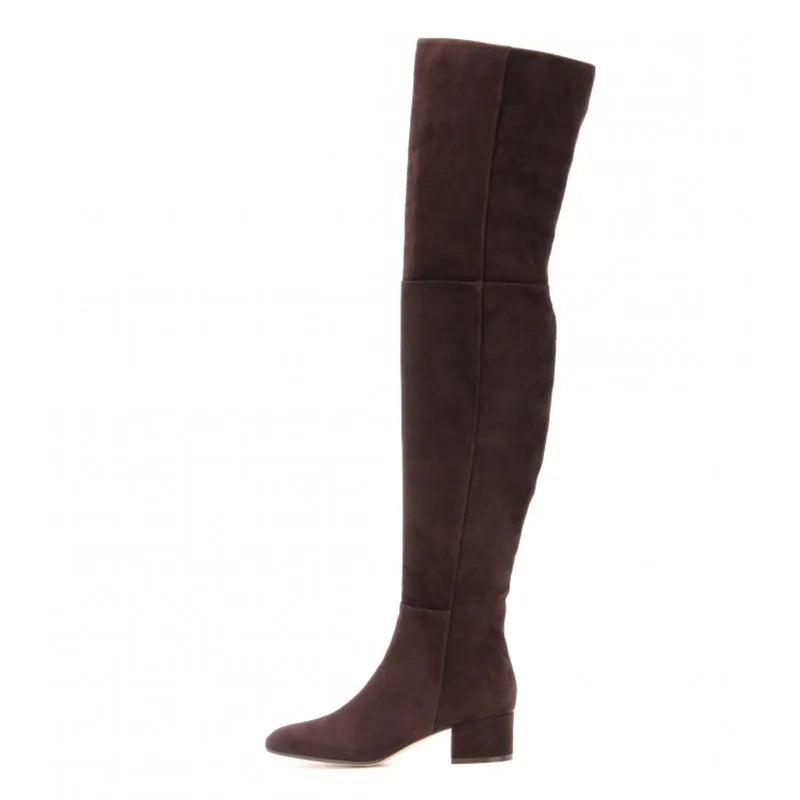 Over the knee suede boots for women Round toe Low heel Side zipper brown long boots chunky heels