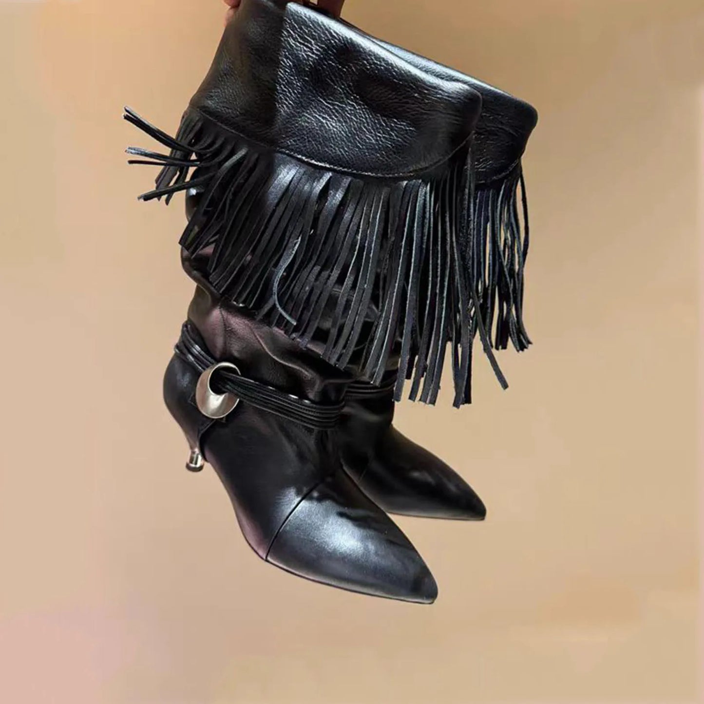 Arden Furtado 2025 Spring suede tassels Mid-Calf boots Pointed toe Turned-over Edge Middle heel Large tubular boots cowboy boots