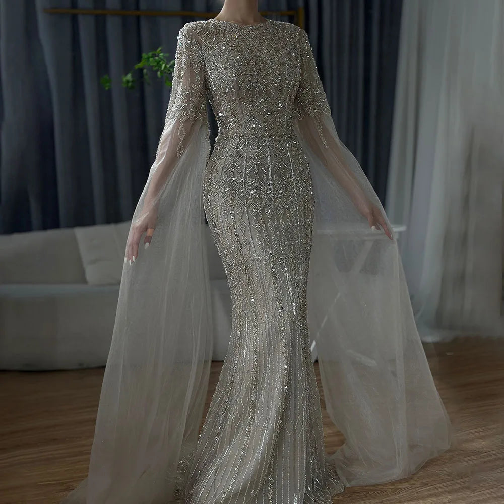 Beaded Mermaid Evening Dress with Sleeves – Abstract Pattern Tulle Gown with Court Train
