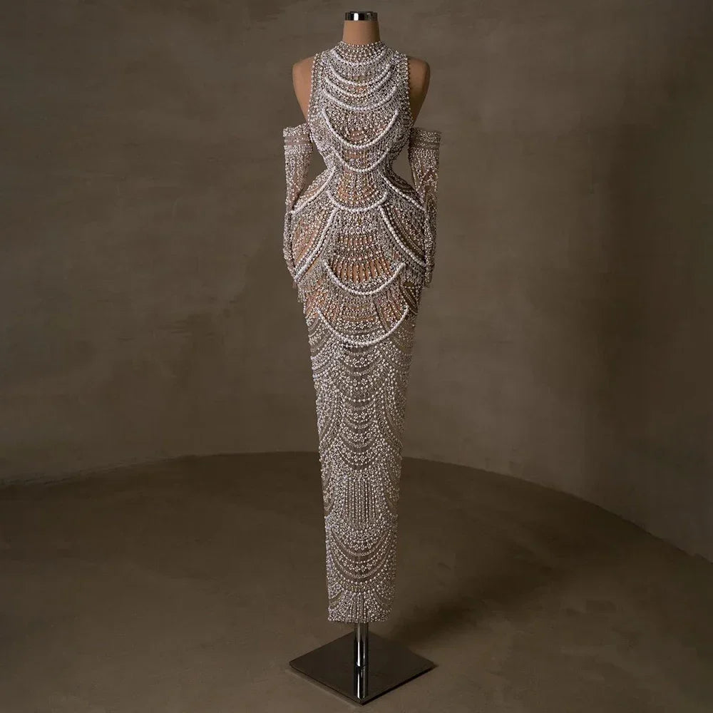 Elegant High Neck Mermaid Evening Dress with Pearls and Beading – Full Sleeve Floor-Length Gown