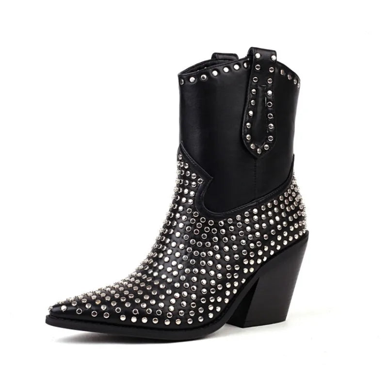 Rhinestone/Rivet Color Blocking Autumn Winter Thick Heel Black Chelsea Women Boots