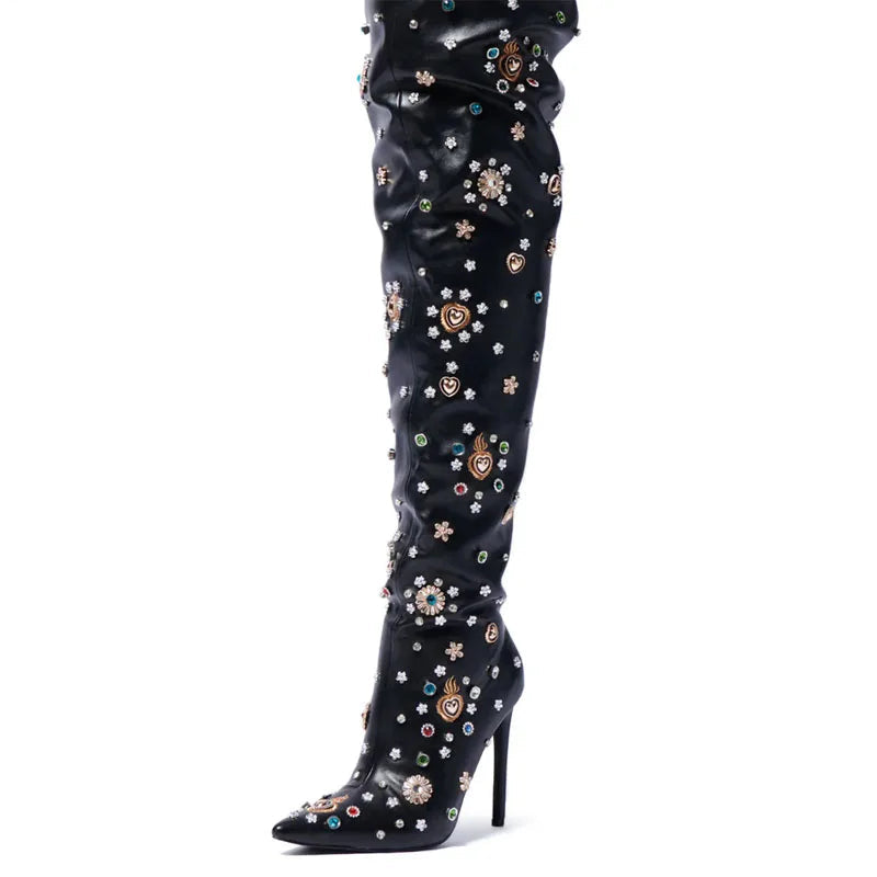 Women's Rhinestone Thigh-High Runway Boots - LiveTrendsX fit view 6