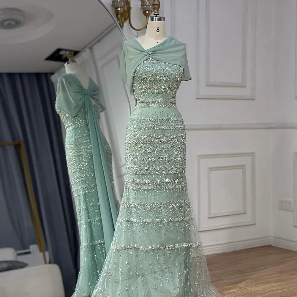 Saudi Arabic Sage Green Mermaid Beaded  Evening Dress with Long Cape  for Formal Occasion