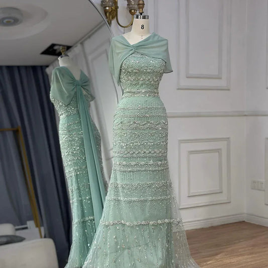 Saudi Arabic Sage Green Mermaid Beaded  Evening Dress with Long Cape  for Formal Occasion